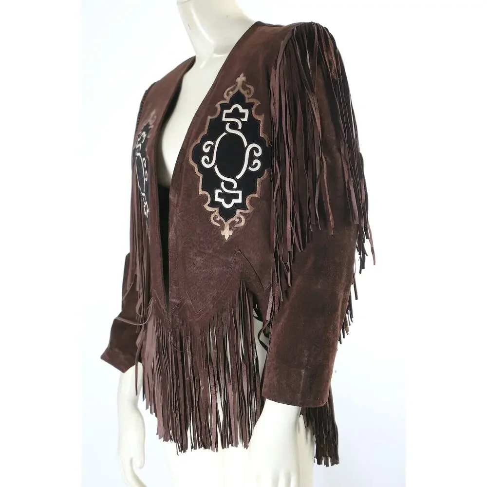 Vintage Brown Suede Fringe Western Jacket XS Boho Embroidered Statement Piece - Picture 7 of 16